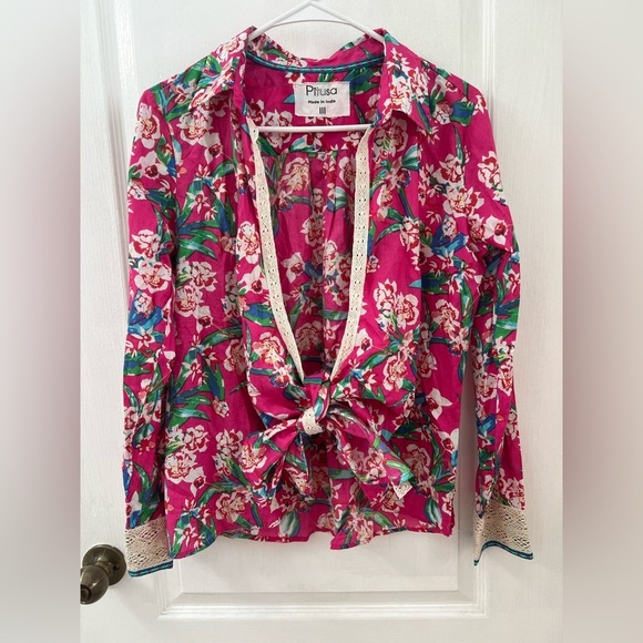 Revolve Pitusa Collared Tie Shirt Size in Fuchsia Floral Print (Size III-L) - Picture 4 of 14